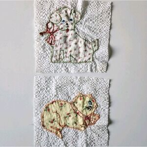 VTG Quilt Squares Dog Cat Fabric Handmade Embroidered Blocks Quilting‎ Cute 70s